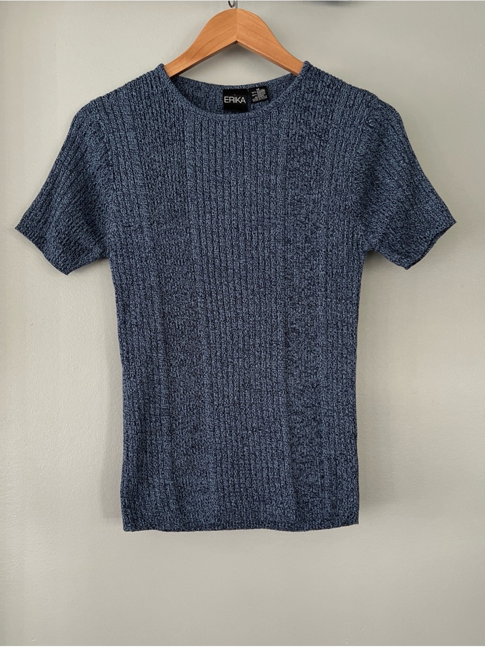 Vintage Erika Ribbed Short Sleeve Knit Top - Heathered Navy Blue - Stretchy